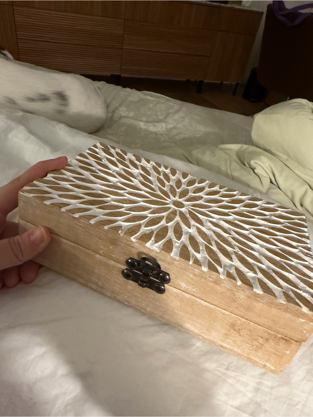 VINTAGE Handmade Decorative Wooden Storage Box with White Carved Floral Top